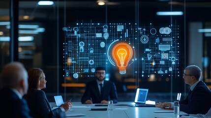 Business team brainstorming innovative ideas in modern office during evening meeting