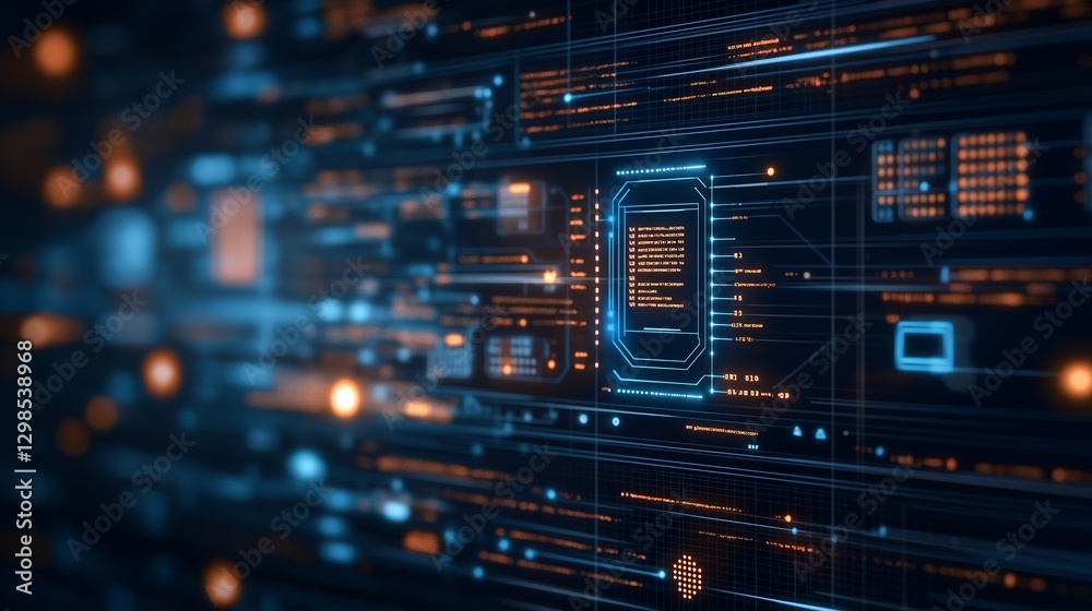 Fototapete Digital interface showcasing futuristic data visualization with glowing elements and structured grids in a tech environment