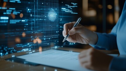 Writing a document with digital interface and data visualization in a modern workspace environment
