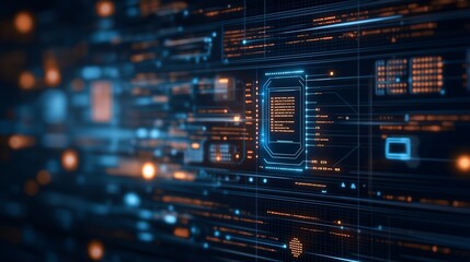 Naklejka premium Digital interface showcasing futuristic data visualization with glowing elements and structured grids in a tech environment