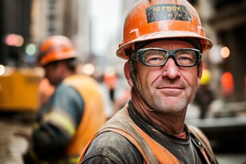 Caucasian male construction worker in orange helmet smiling at urban job site