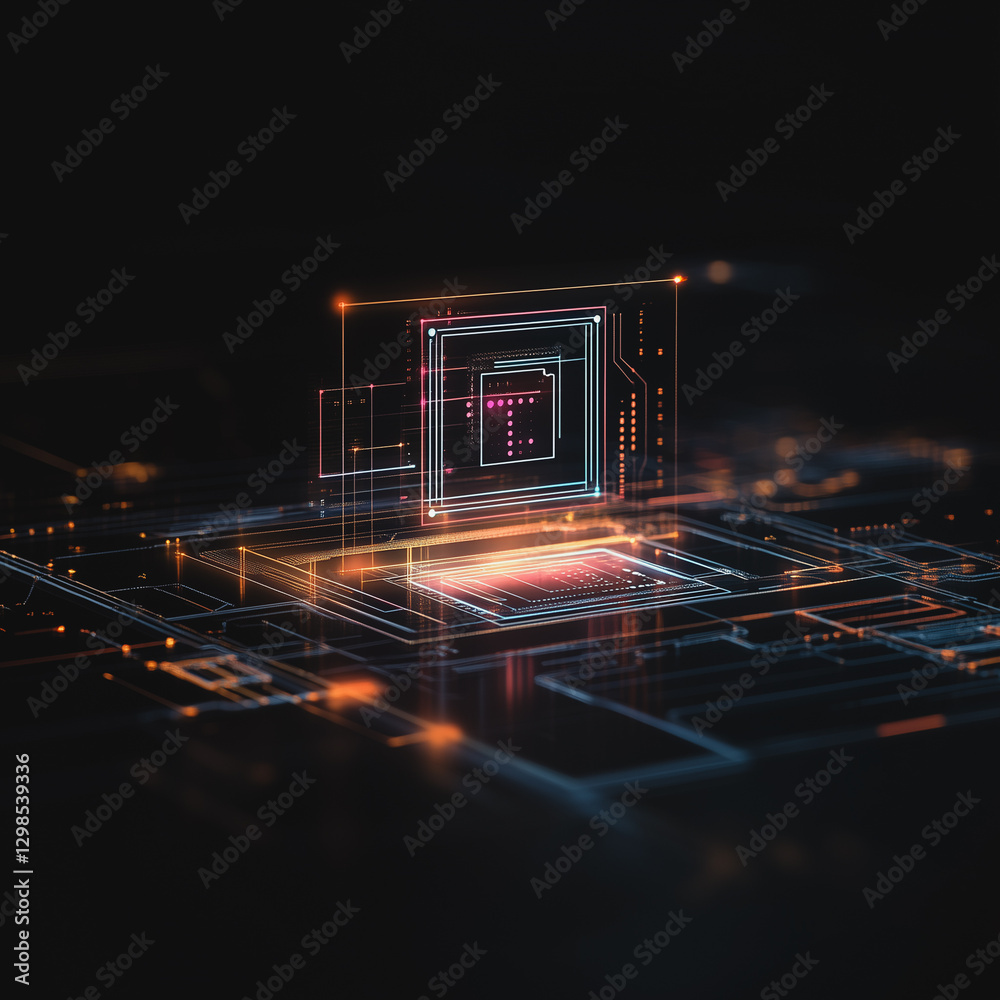 Poster microchip illuminated: an abstract visualization of a microchip, glowing with intricate circuits and