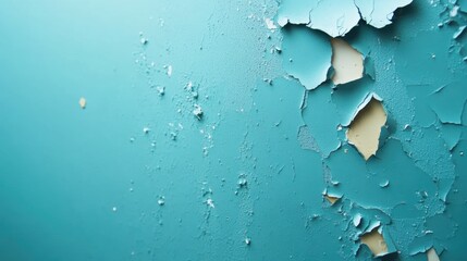 Obraz premium A close-up of a textured wall with peeling paint in shades of turquoise, revealing a lighter layer beneath, This image is ideal for renovation topics, artistic backgrounds, or illustrating decay,