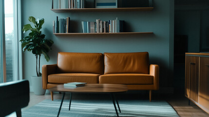 Cozy Interior Living Space: A modern, inviting living room interior showcases a sleek brown leather sofa, a circular coffee table, bookshelves, and a vibrant green potted plant.