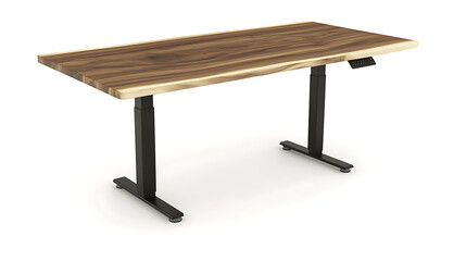 A wooden table with black legs and a black top