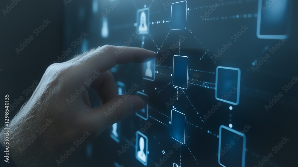 Poster connecting the digital dots: a hand interacts with a glowing digital network interface, symbolizing 