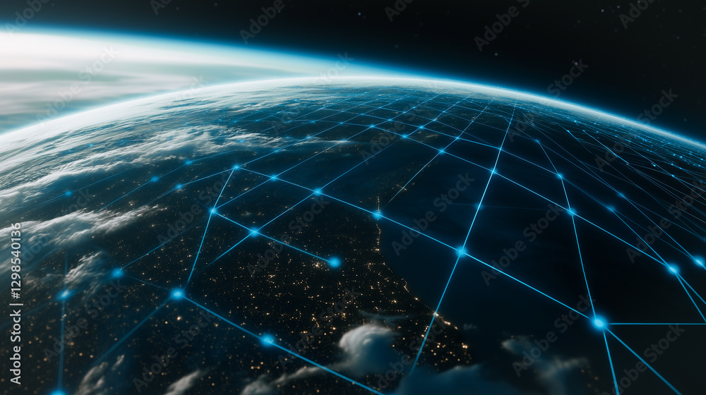 Poster global network: a stunning futuristic depiction of a global network connecting the world, showcasing