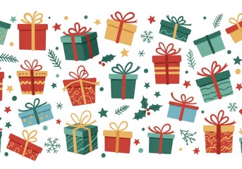 Christmas gifts, colorful wrapped presents, festive pattern, gift boxes, bows and ribbons, holiday decorations, seamless border design, cheerful illustration