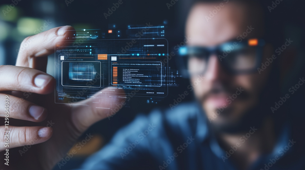 Poster future tech: a focused individual in a high-tech environment holds a transparent display, showcasing
