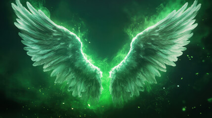 Two angel wings glowing in green light, surrounded by ethereal mist, create mystical atmosphere that evokes sense of wonder and spirituality