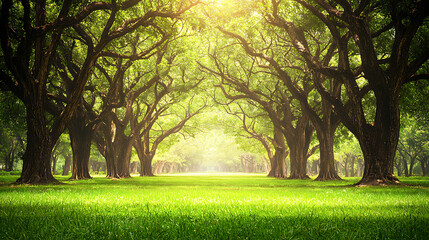 Fototapeta premium A large field of trees with a bright sun shining through the leaves