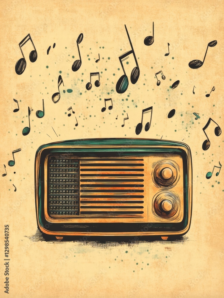 Fototapete vintage radio with musical notes floating around in a nostalgic, artistic setting. generative ai