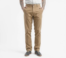 Tan trousers and black shoes