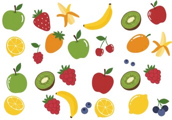Obraz premium Colorful fruit pattern, playful illustration style, bright colors, seamless repeat, white background, strawberry, banana, apple, mango, kiwi, lemon, raspberry, blueberry