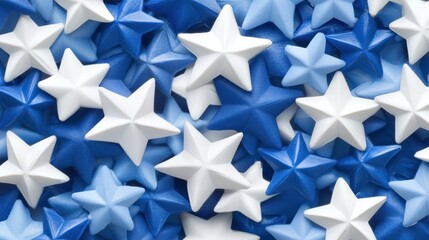 Obraz premium A vibrant collection of star-shaped decorations in blue and white hues, this image can be used for festive designs, crafts, or promotions related to celebrations and events,