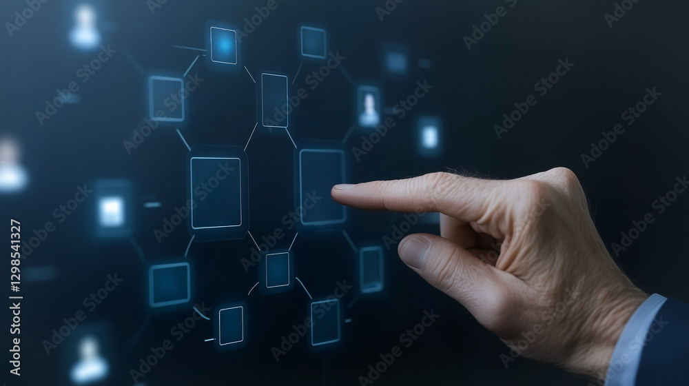 Sticker technology interface: close-up of a hand interacting with a digital interface, highlighting connecti