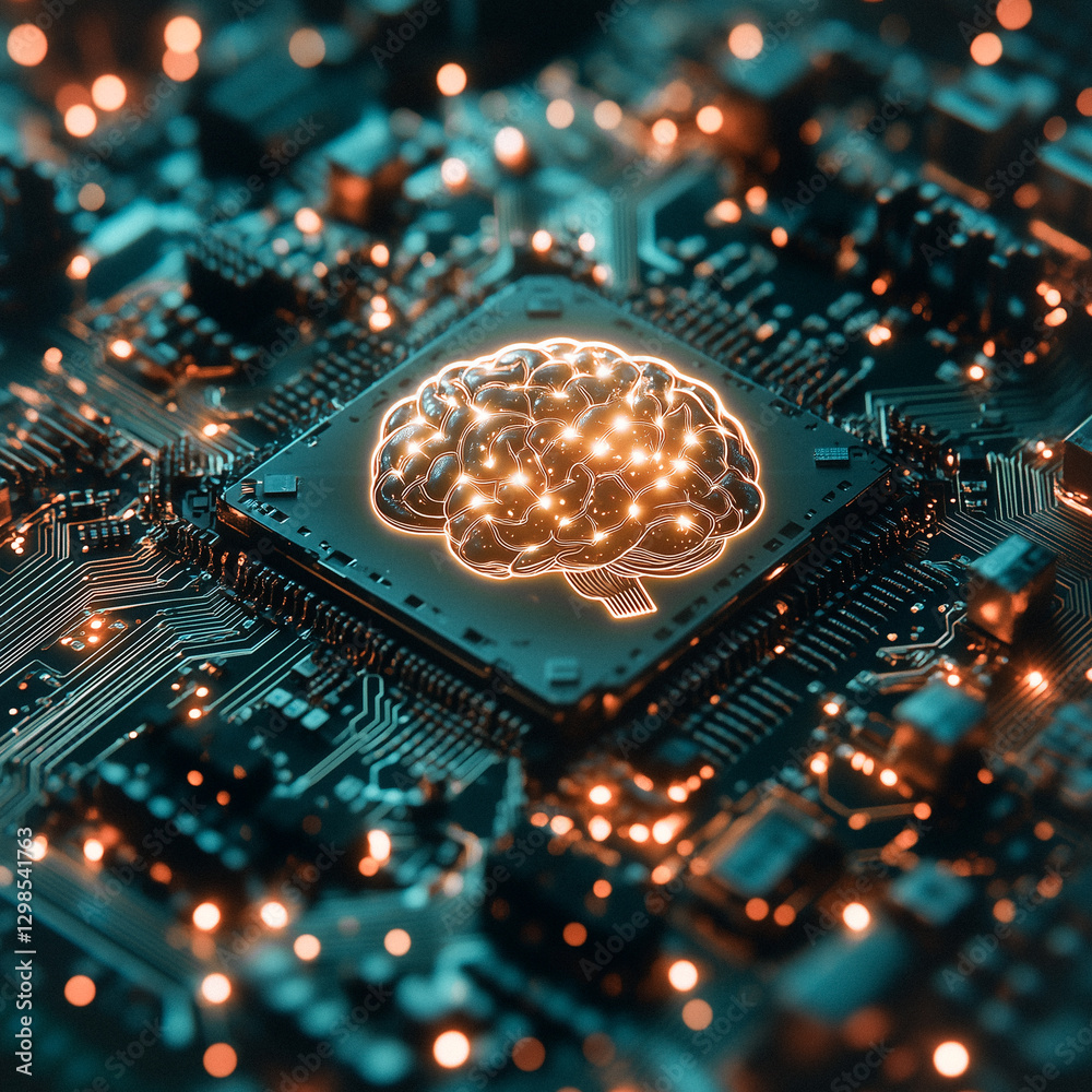 Poster brain-like processor: a futuristic glowing brain rests on a computer chip, illustrating the concepts