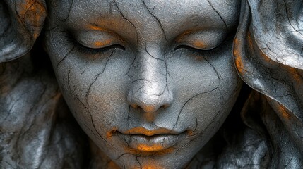 Serene stone angel face, close-up, textured, graveyard background, fantasy art