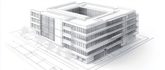 Fototapeta premium Detailed architectural blueprint of a modern hospital building with a clean white facade and glass windows