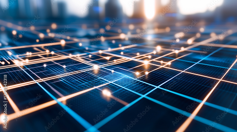 Poster network connection: an abstract representation of a network, with a vibrant array of illuminated lin