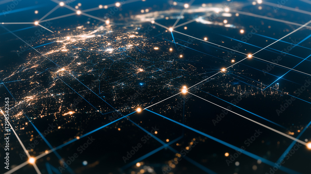 Poster global connectivity: illuminated nodes and interconnected lines weave a digital tapestry over a styl