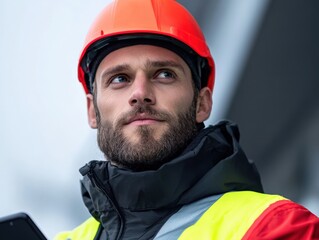 Fototapeta premium Construction Worker with Hard Hat Looking Up