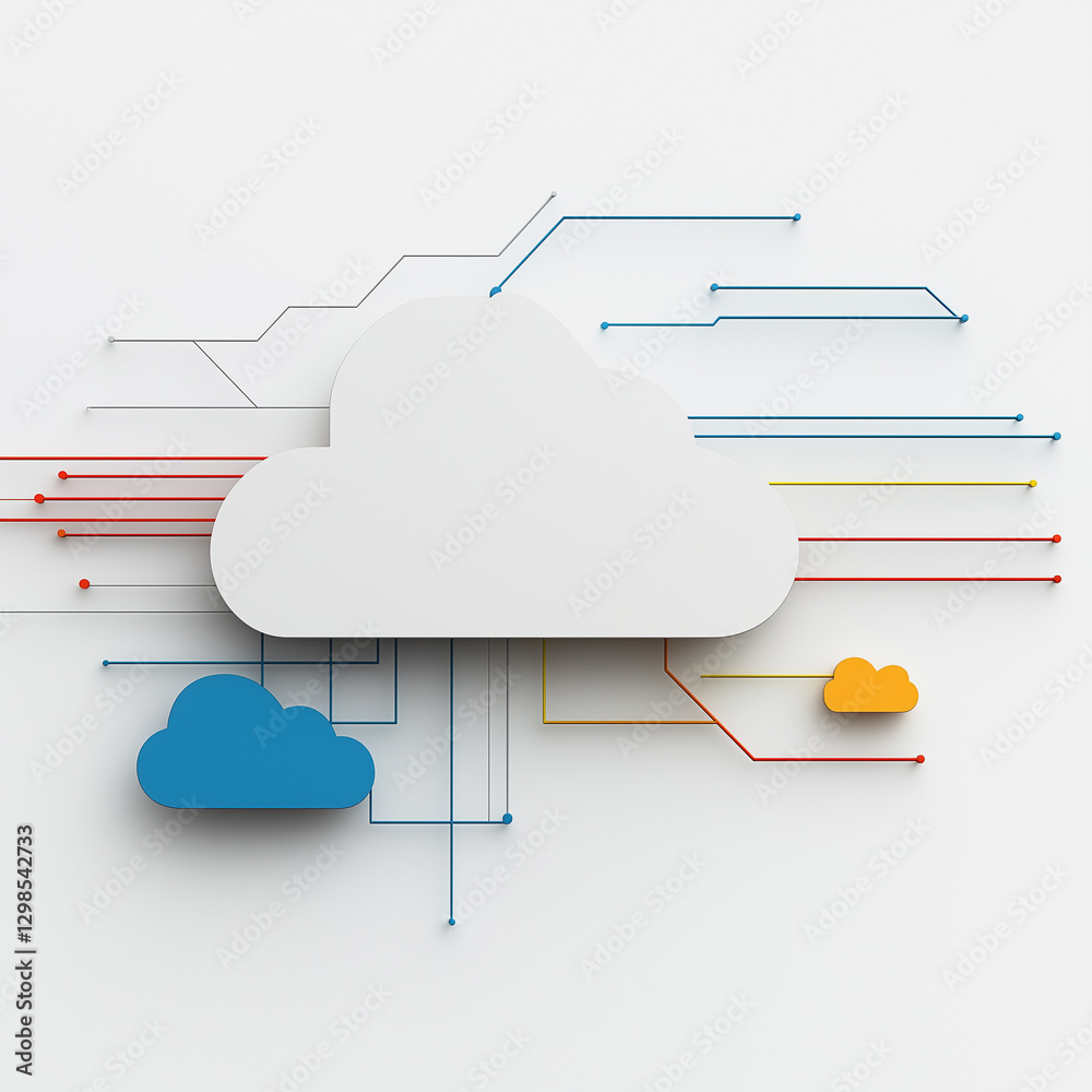 Canvas Prints Cloud Computing: Minimalist visual of a cloud graphic representing the digital cloud with colorful lines, symbolizing connectivity and data transfer in this high-tech, abstract artwork. 