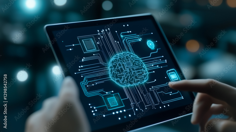 Poster digital brain: close-up of a person's hands interacting with a tablet screen displaying a digital re