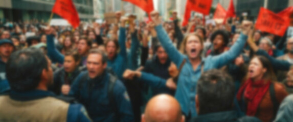 Obraz premium Blurred background spotlighting a defiant crowd, chanting and holding signs in a fervent demand for justice