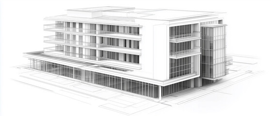 Fototapeta premium Detailed architectural blueprint of a modern hospital building with a clean white facade and glass windows