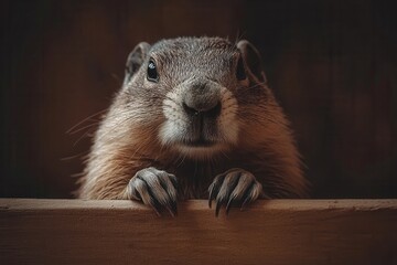 Close-up portrait of a marmot peering over a wooden surface.  Its fur is textured and its claws are prominent.