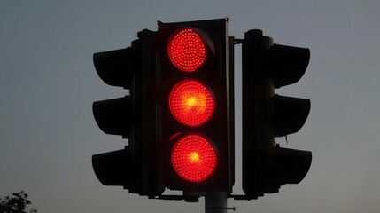 Triple Red Traffic Light at Dusk Silhouette