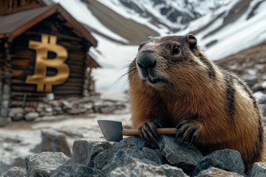 Marmot with pickaxe near a mountain cabin.  A winter scene with snowy peaks in the background. - Powered by Adobe