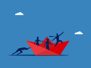 Leader, Difficulty, Businessman Pushing Paper Boat and Crew Leading Forward