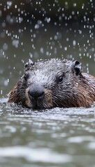 Wet beaver emerging from water, rain droplets falling.