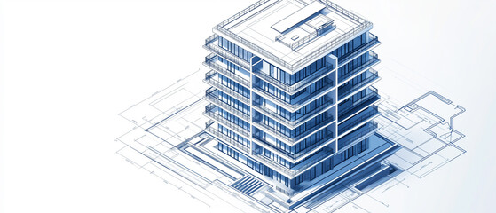 Fototapeta premium Detailed architectural blueprint of a modern skyscraper in isometric style, featuring a multi-story design with a clean blue and white presentation