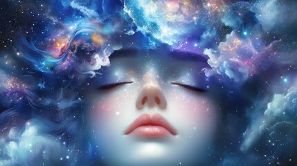 A serene face emerges from a cosmic backdrop filled with vibrant galaxies and swirling clouds, embodying a tranquil dream state, Ideal for themes of meditation, spirituality, and creativity,