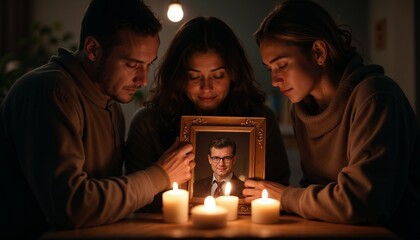 Emotional scene of three people mourning a loved one with candles and a framed photo
