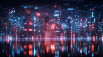 Fototapeta premium cyberpunk city skyline neon reflections AI glitch effects --ar 16:9