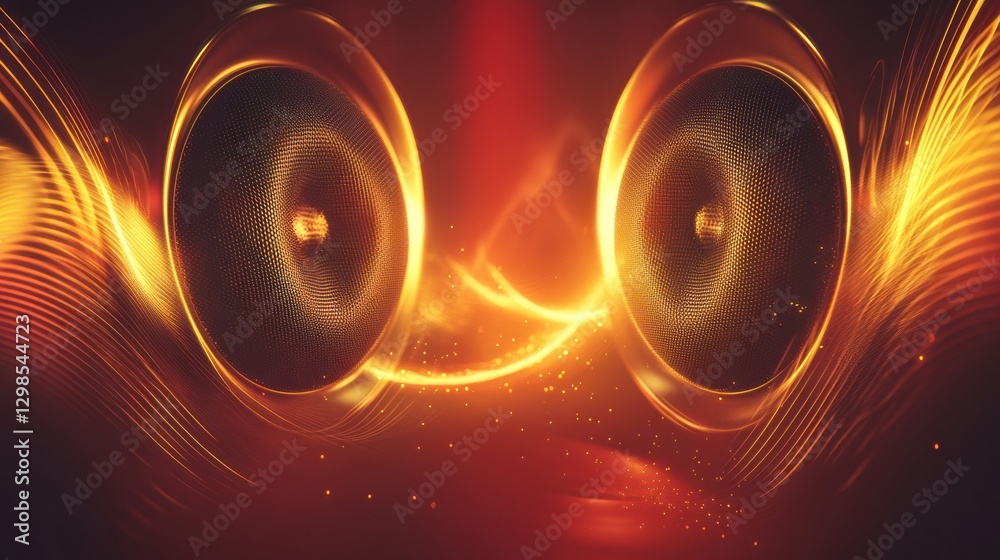 Poster 3d speakers creating luminous sound waves in a vibrant environment during an evening music event. ge