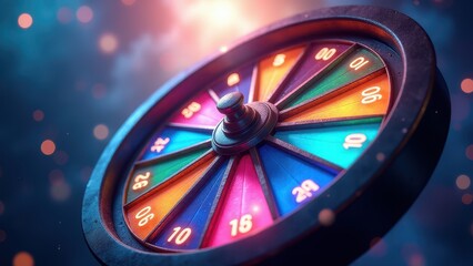Spinning lottery wheel, A colorful spinning lottery wheel with cosmic neon lights glowing numbers and deep blue backdrop glowing under diffused 