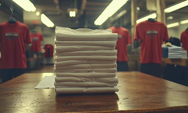 A stack of folded white t-shirts on a wooden table, with red shirts in the background.