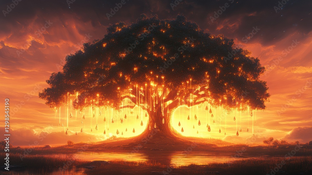 Aufkleber majestic tree illuminated by sunset glow reflecting on calm water and enhancing the serene landscape