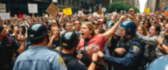 Heated demonstration unfolds in the streets, underscored by a blurred background of towering buildings