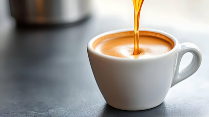 Espresso pouring into cup, kitchen counter, morning