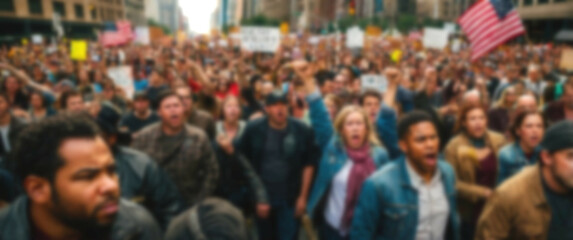 Protesters’ raised arms fill the frame, enhanced by a blurred background for a sense of motion