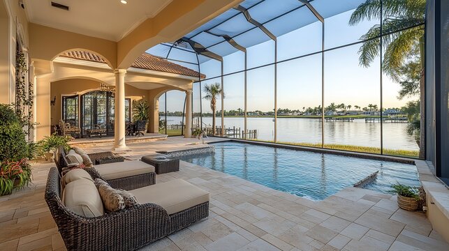 Florida luxury mansion lanai patio on the waterfront with screened in pool, exterior home design, 8k image