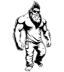 Fototapeta premium Cool Yeti illustration in jeans and sunglasses. Black and white cartoon design perfect for prints, stickers, clipart, silhouette, cut files, and logos