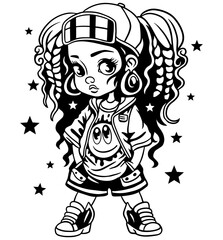 Cool urban girl. Afro hair, streetwear fashion. Black and white vector illustration, perfect for prints, cut file and designs