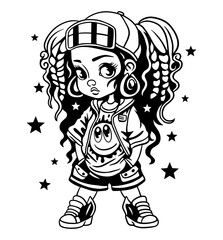 Cool urban girl. Afro hair, streetwear fashion. Black and white vector illustration, perfect for prints, cut file and designs